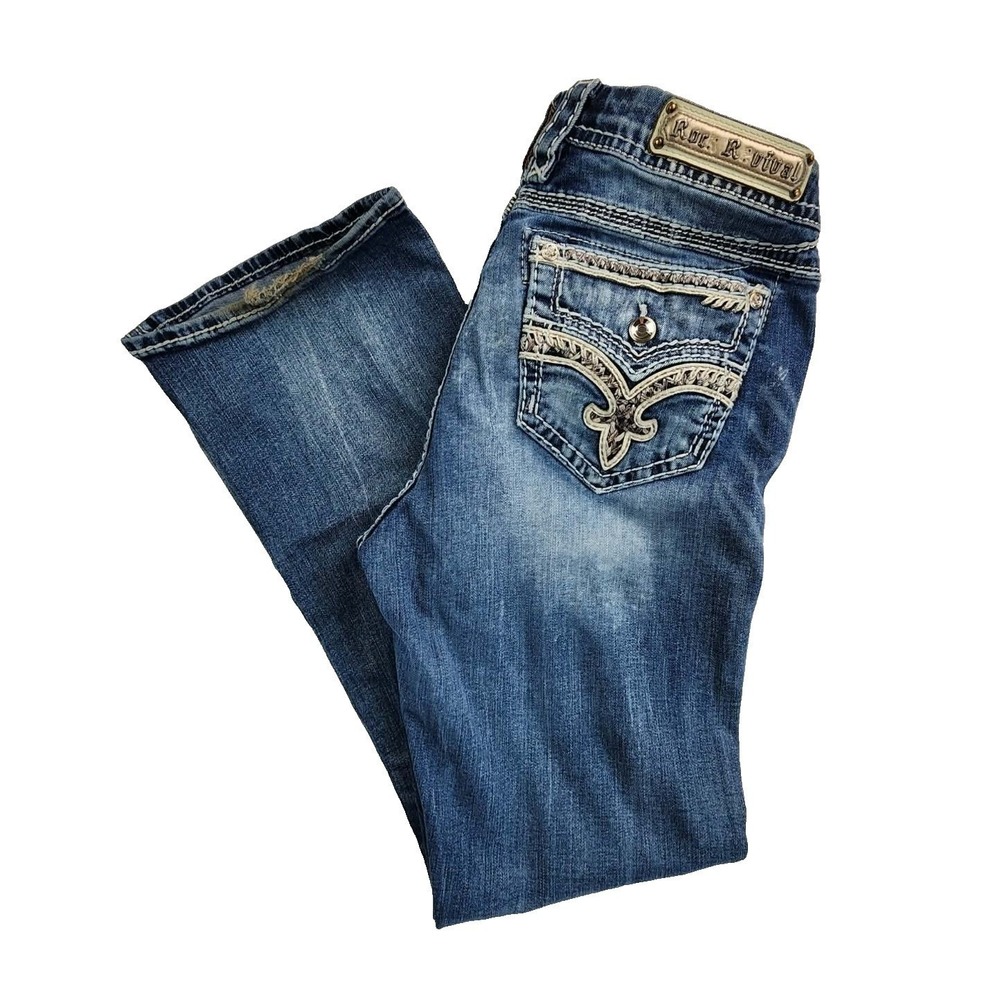Rock Revival Jelina Easy Boot Blue Women 32 Medium Wash Distressed Bootcut Jeans